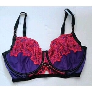 Ann Summers Balconett Bra Sz 32F Unlined Purple Red Lace Embroidered Underwire